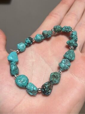 Turquoise Bracelet 7” Stretch Genuine Hubei Blue/Green Nuggets 19g 925 beads